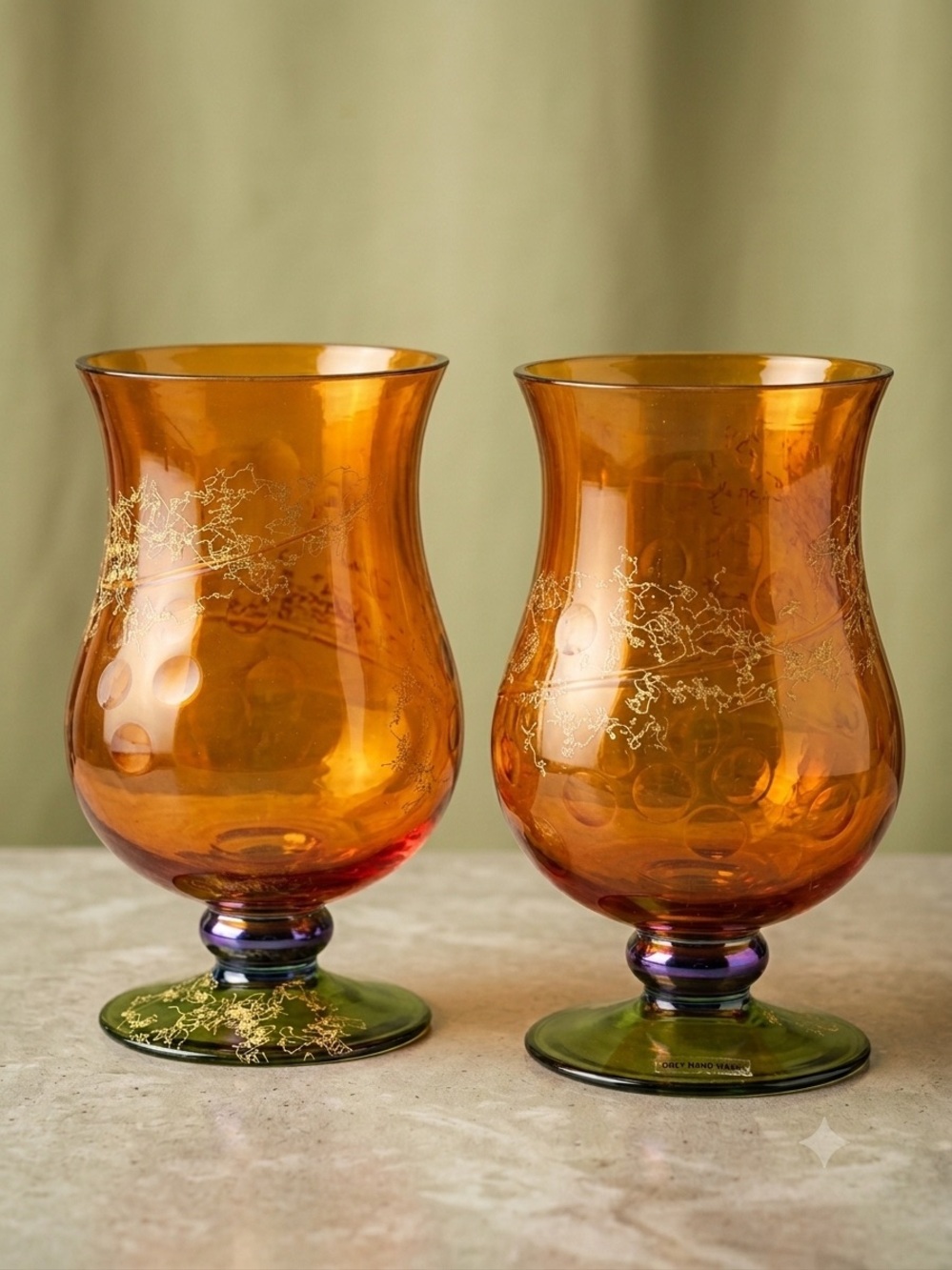 Vintage Romanian Mouth Blown Glass Candle Hurricaine Lanterns Amber Green Set 2